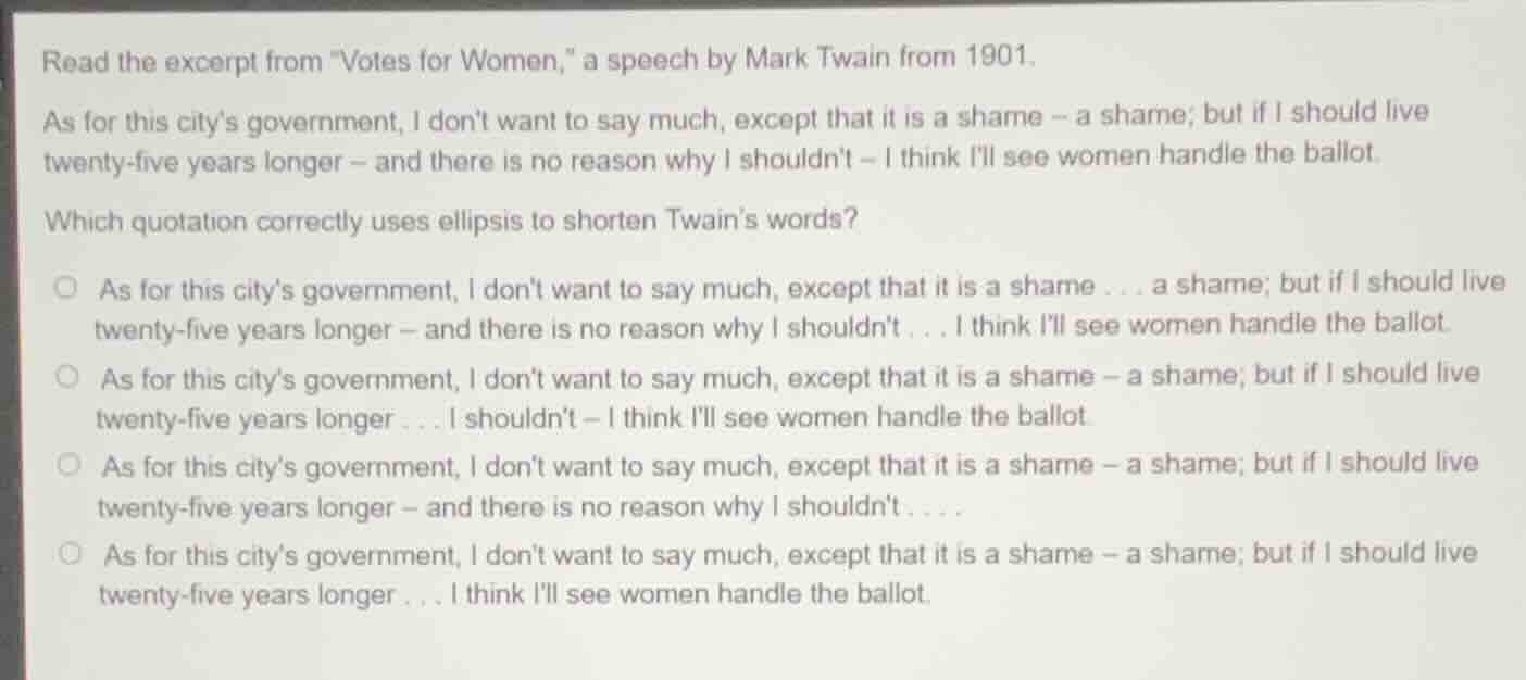 read the excerpt from \votes for women,\ a speech by mark twain from 19…