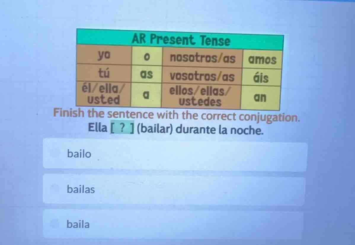 ar present tense ya o nosotros/as amos tú as vosotros/as áis él/ella/ u…