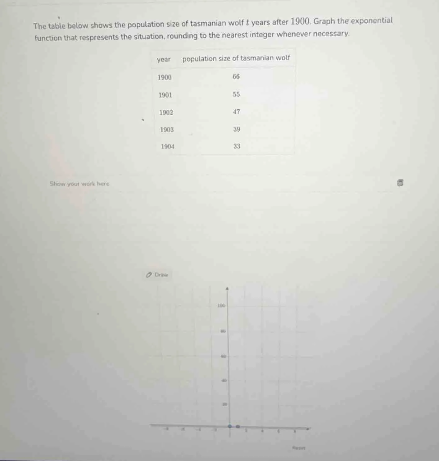 the table below shows the population size of tasmanian wolf $t$ years a…