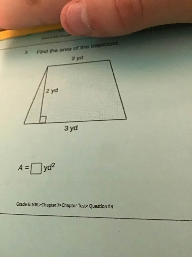 3. find the area of the trapezoid. 2 yd 2 yd 3 yd $a=\\square$ $yd^{2}$…