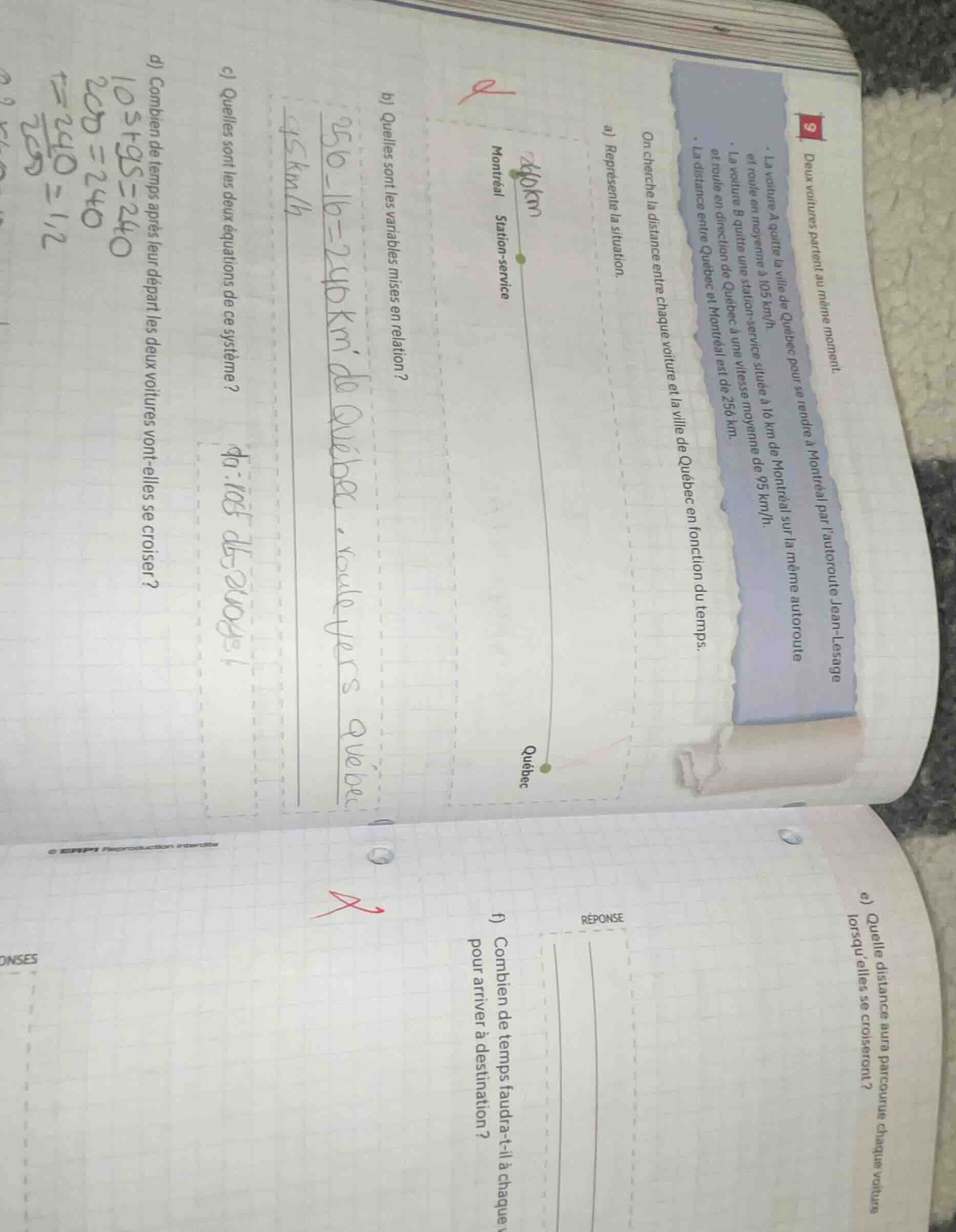 9deux voitures partent au même moment.- la voiture a quitte la ville de…