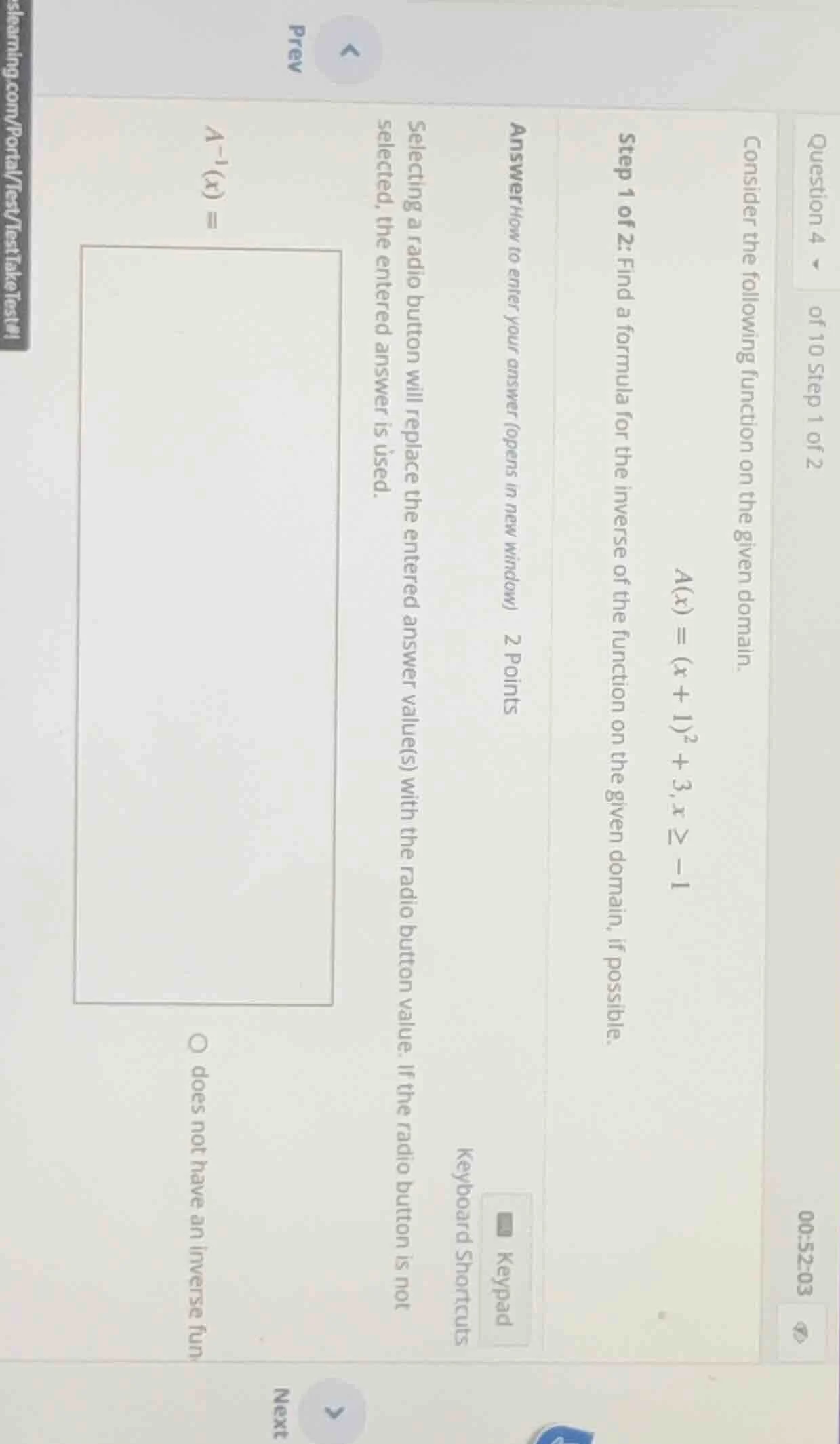 question 4 of 10 step 1 of 2 00:52:03 consider the following function o…