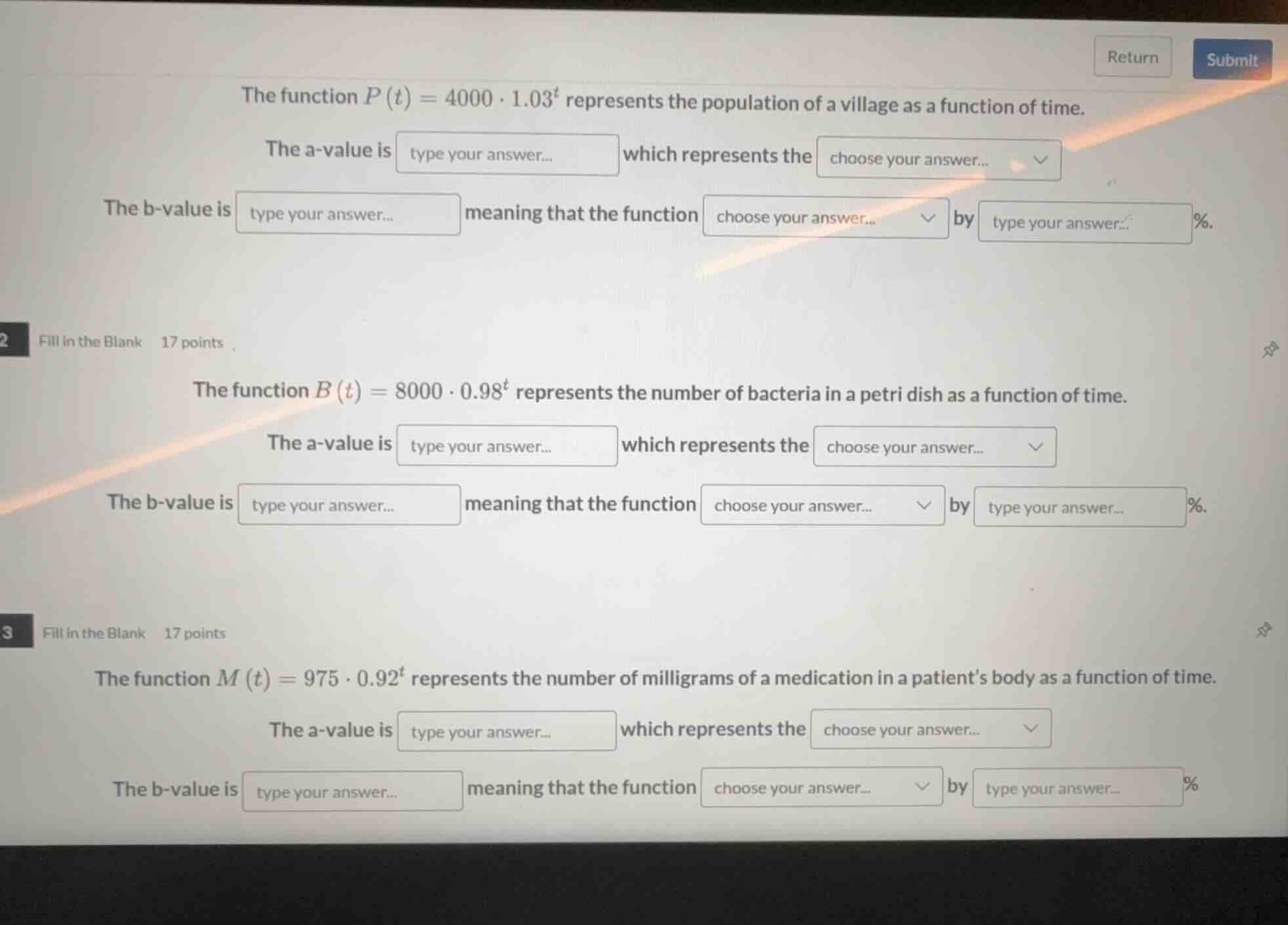the function $p(t)=4000\\cdot1.03^{t}$ represents the population of a v…