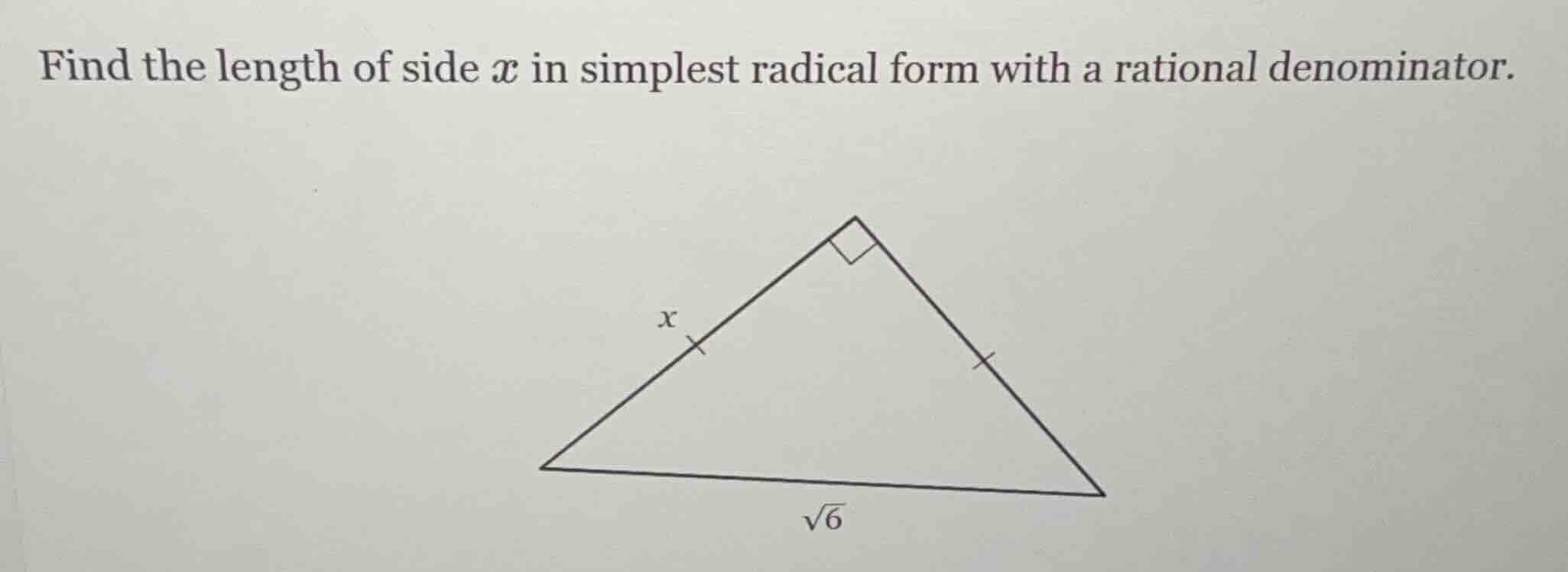 find the length of side $x$ in simplest radical form with a rational de…