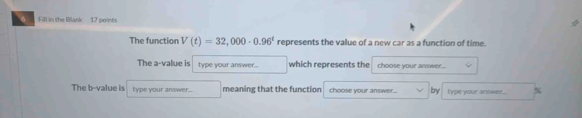 fill in the blank 17 points the function $v(t)=32,000 \\cdot 0.96^{t}$ …