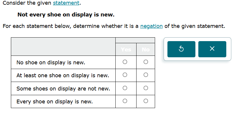 consider the given statement. not every shoe on display is new. for eac…