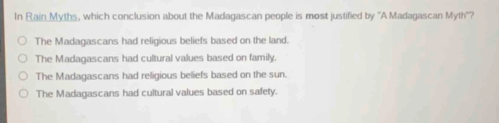 in rain myths, which conclusion about the madagascan people is most jus…
