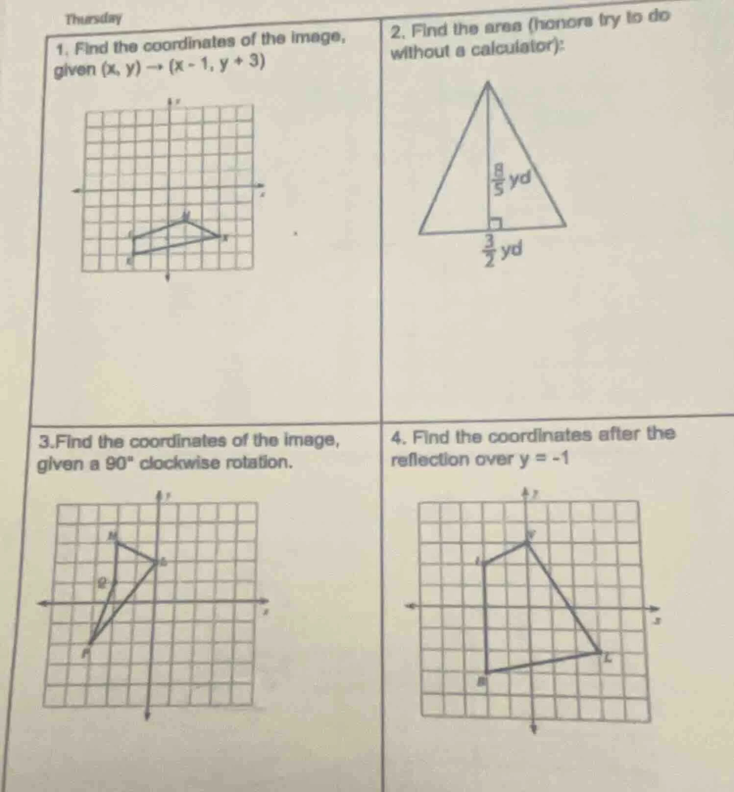 thursday 1. find the coordinates of the image, given $(x, y) \\to (x - …