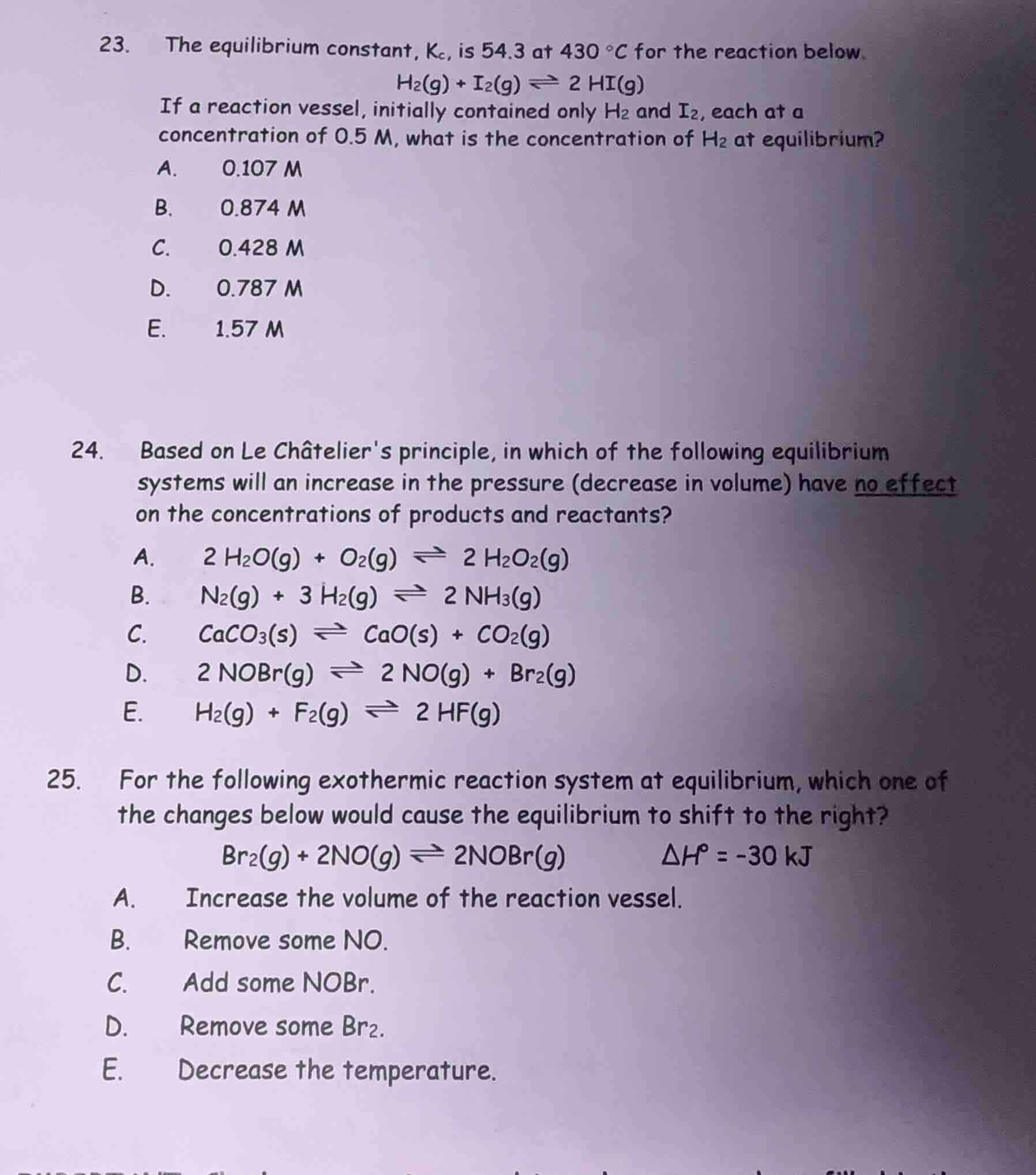 23. the equilibrium constant, $k_c$, is 54.3 at 430 $^circ$c for the re…