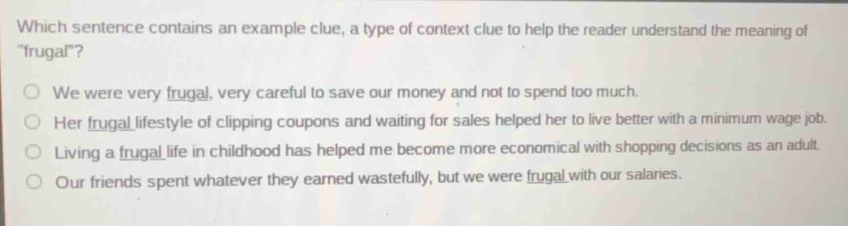 which sentence contains an example clue, a type of context clue to help…