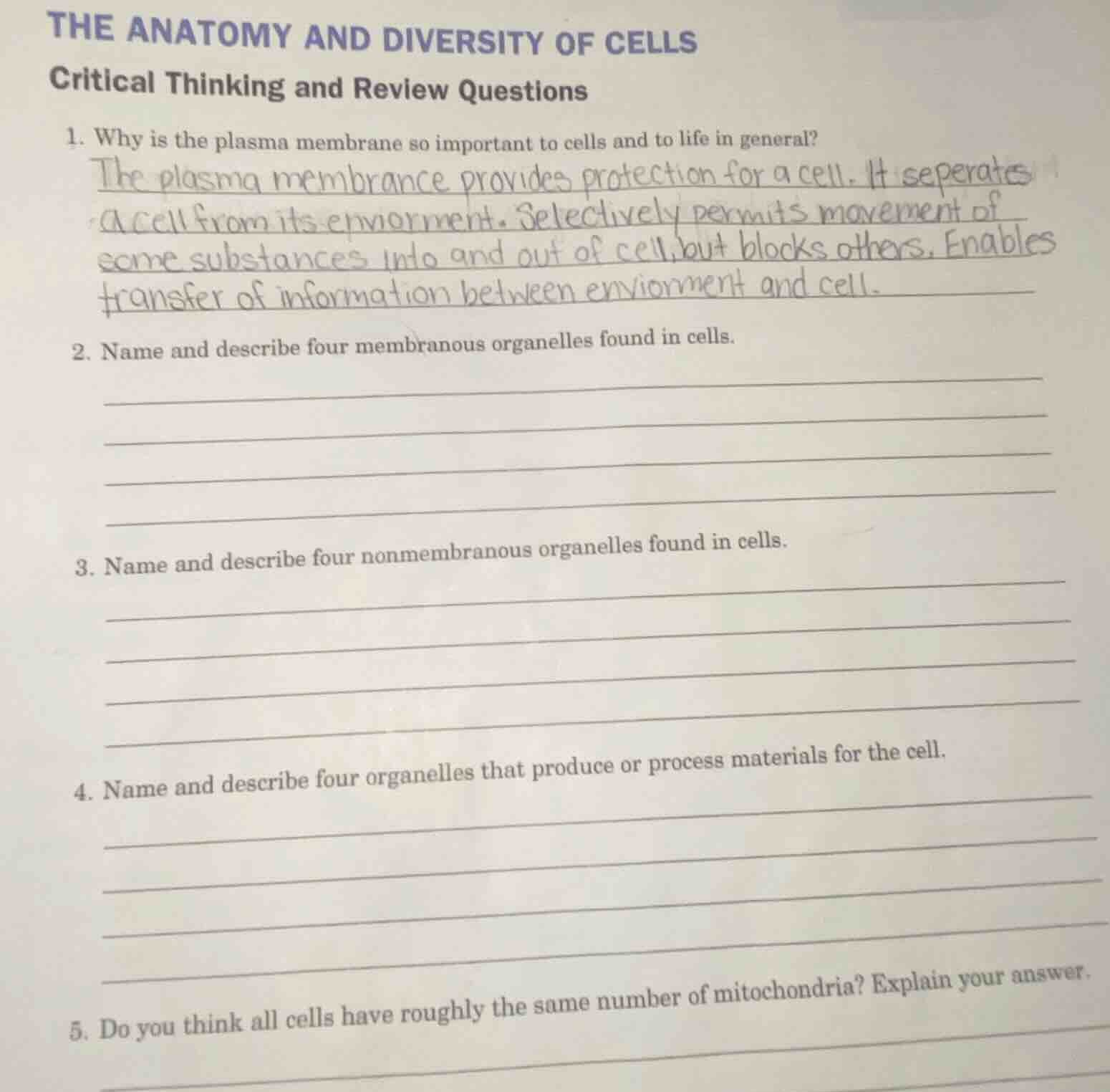 the anatomy and diversity of cells critical thinking and review questio…