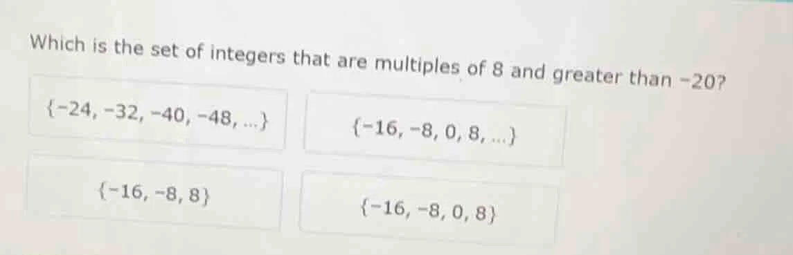 which is the set of integers that are multiples of 8 and greater than -…
