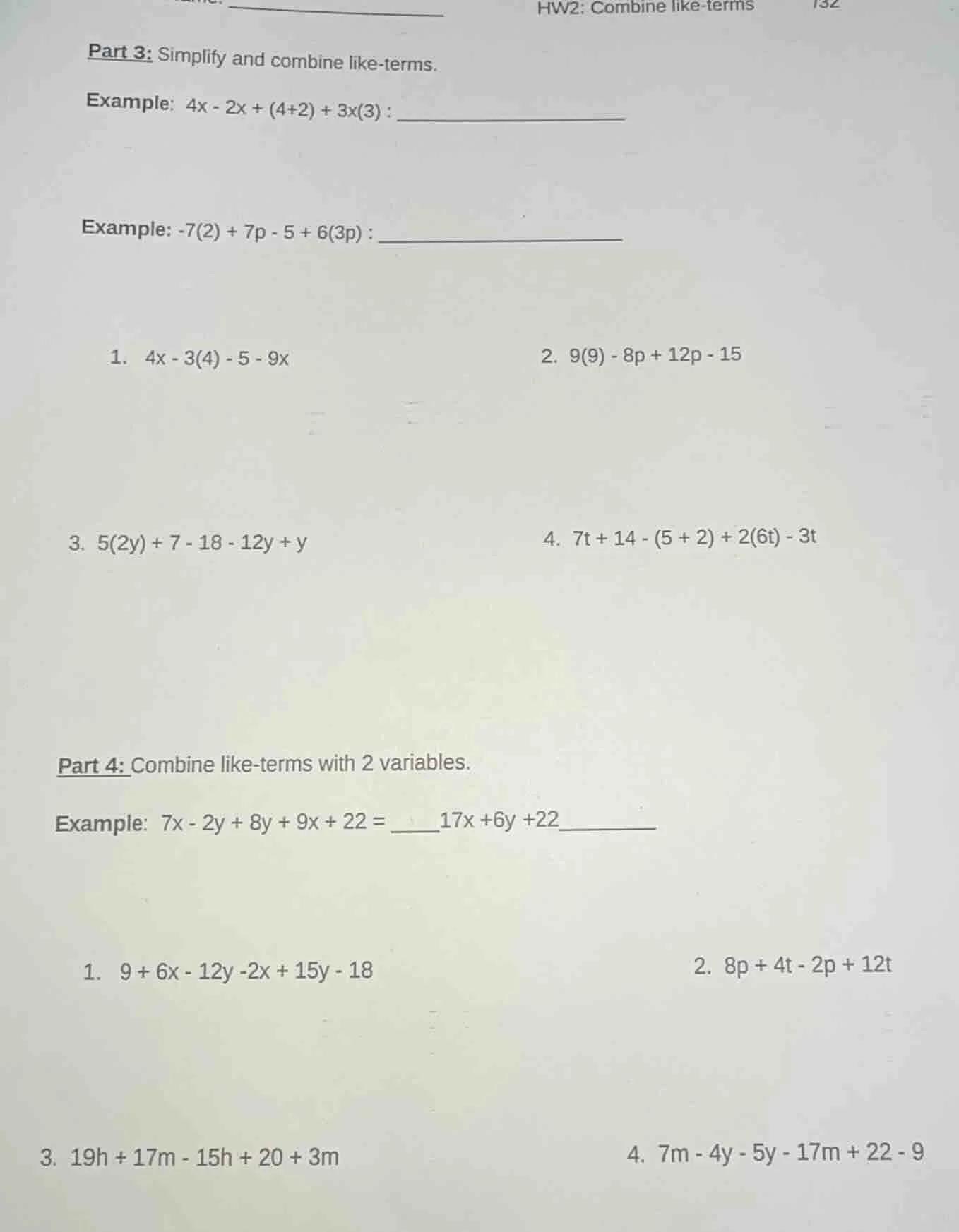 hw2: combine like-terms part 3: simplify and combine like-terms. exampl…