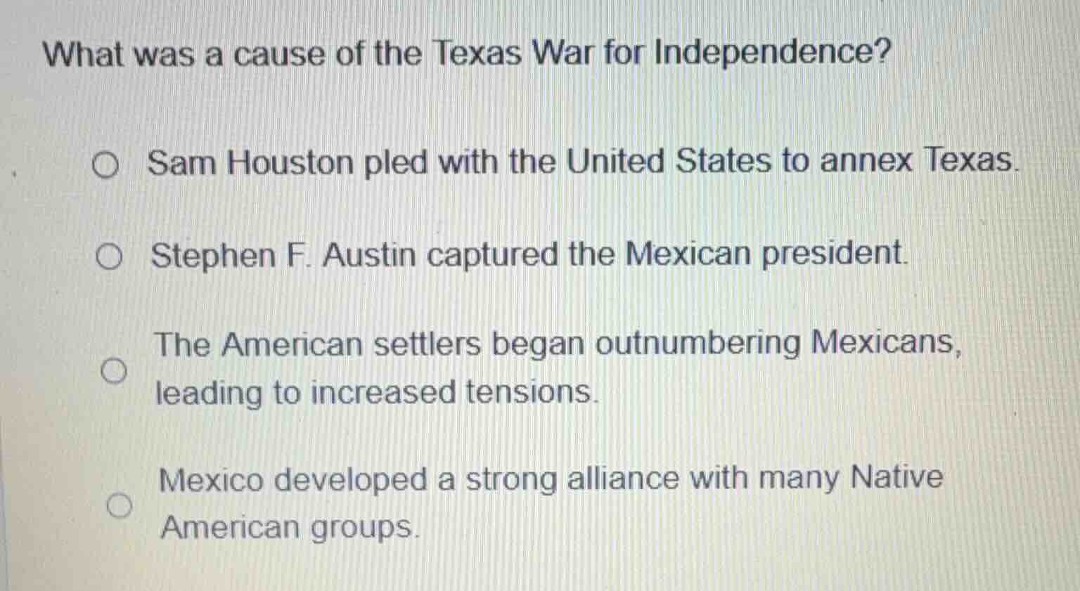 what was a cause of the texas war for independence? ○ sam houston pled …
