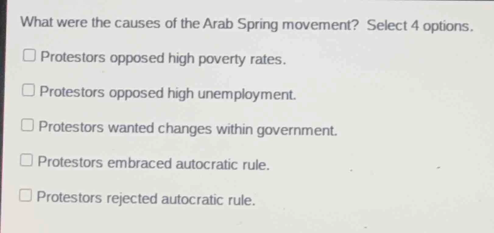 what were the causes of the arab spring movement? select 4 options. pro…