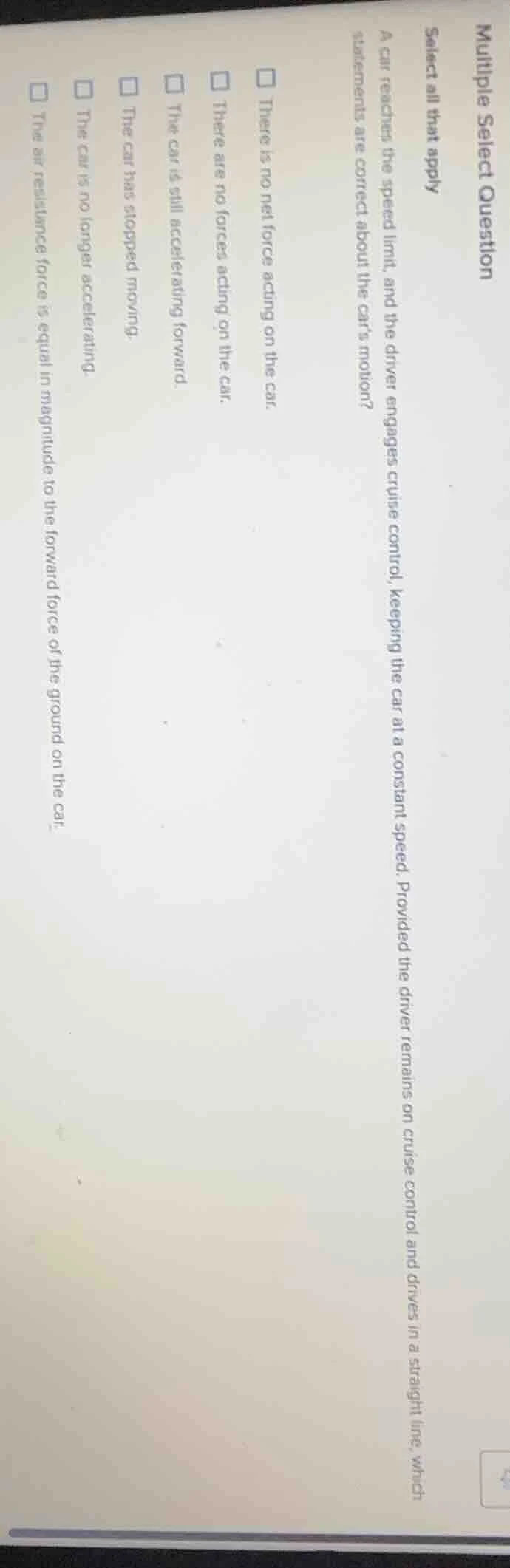 multiple select question select all that apply a car reaches the speed …