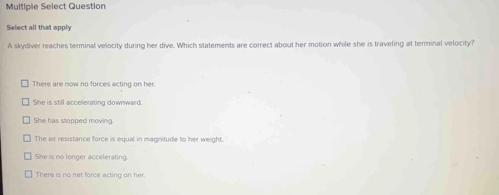 multiple select question select all that apply a skydiver reaches termi…