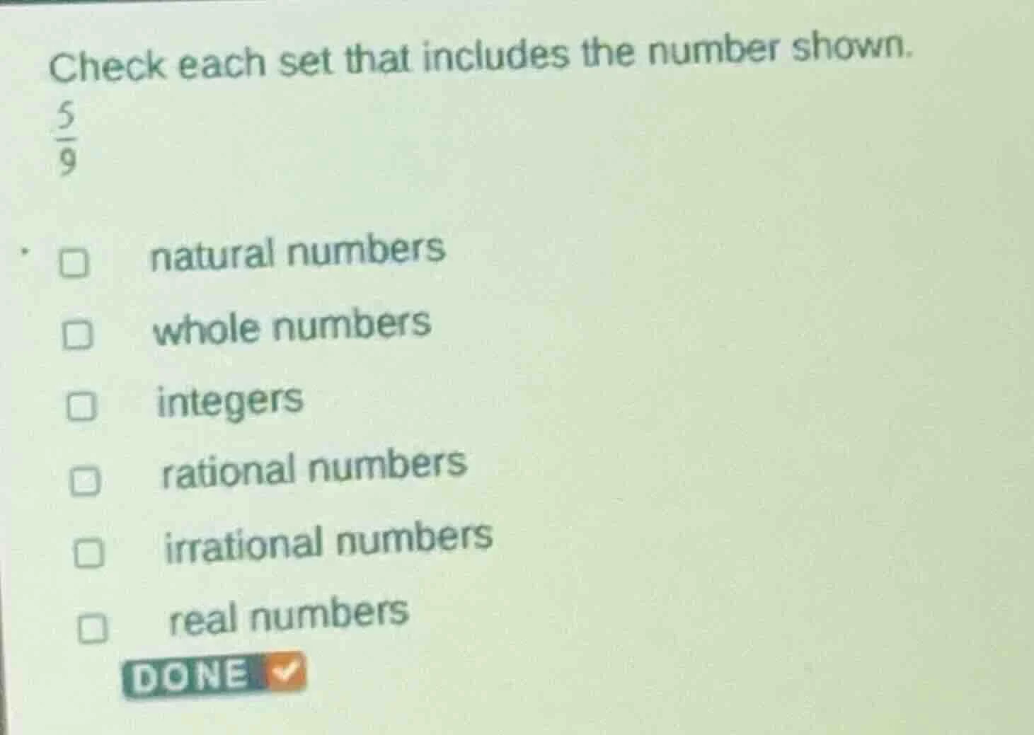 check each set that includes the number shown. $\frac{5}{9}$ natural nu…