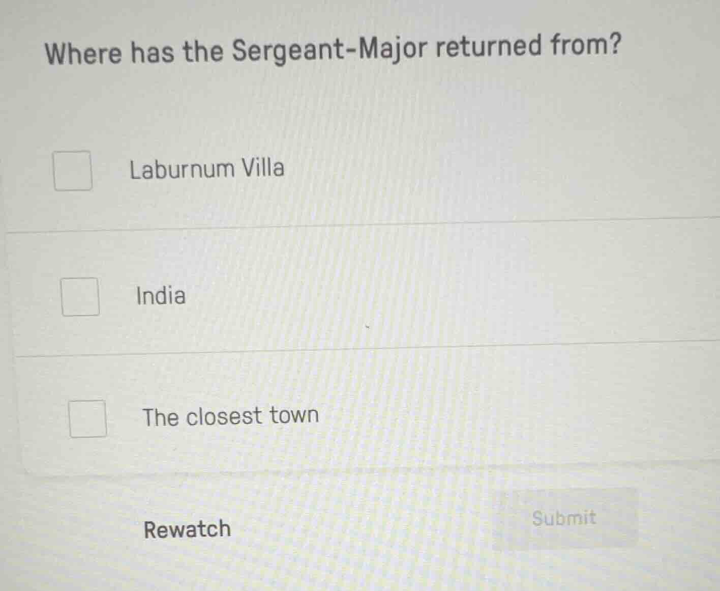 where has the sergeant-major returned from? laburnum villa india the cl…