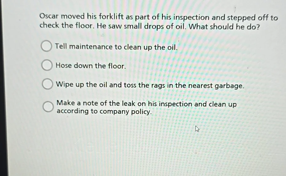 oscar moved his forklift as part of his inspection and stepped off to c…