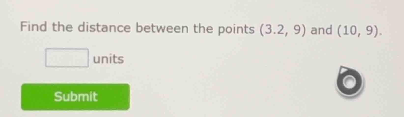 find the distance between the points (3.2, 9) and (10, 9). _____ units …