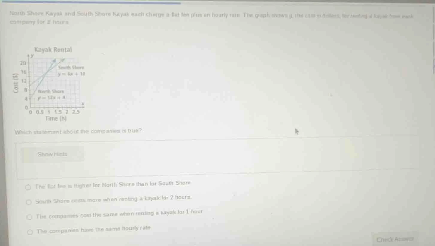 north shore kayak and south shore kayak each charge a flat fee plus an …