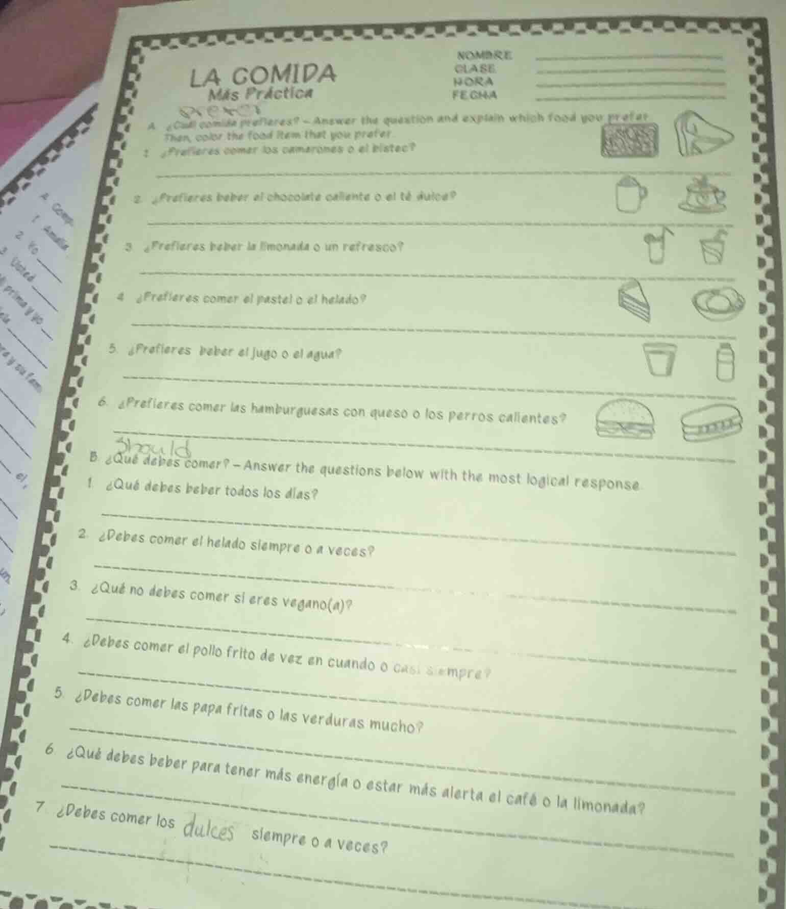 la comidamás prácticanombreclasehorafechaa. ¿cuál comida prefieres? - a…