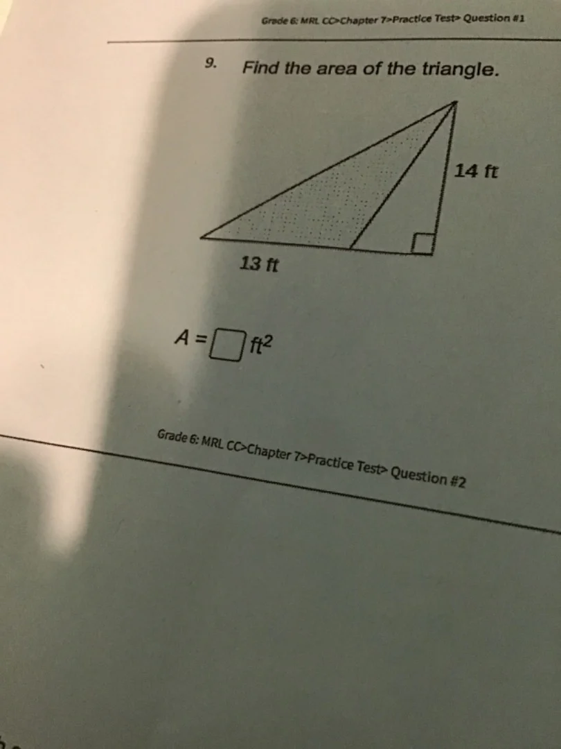 grade 6: mrl cc>chapter 7>practice test> question #1 9. find the area o…