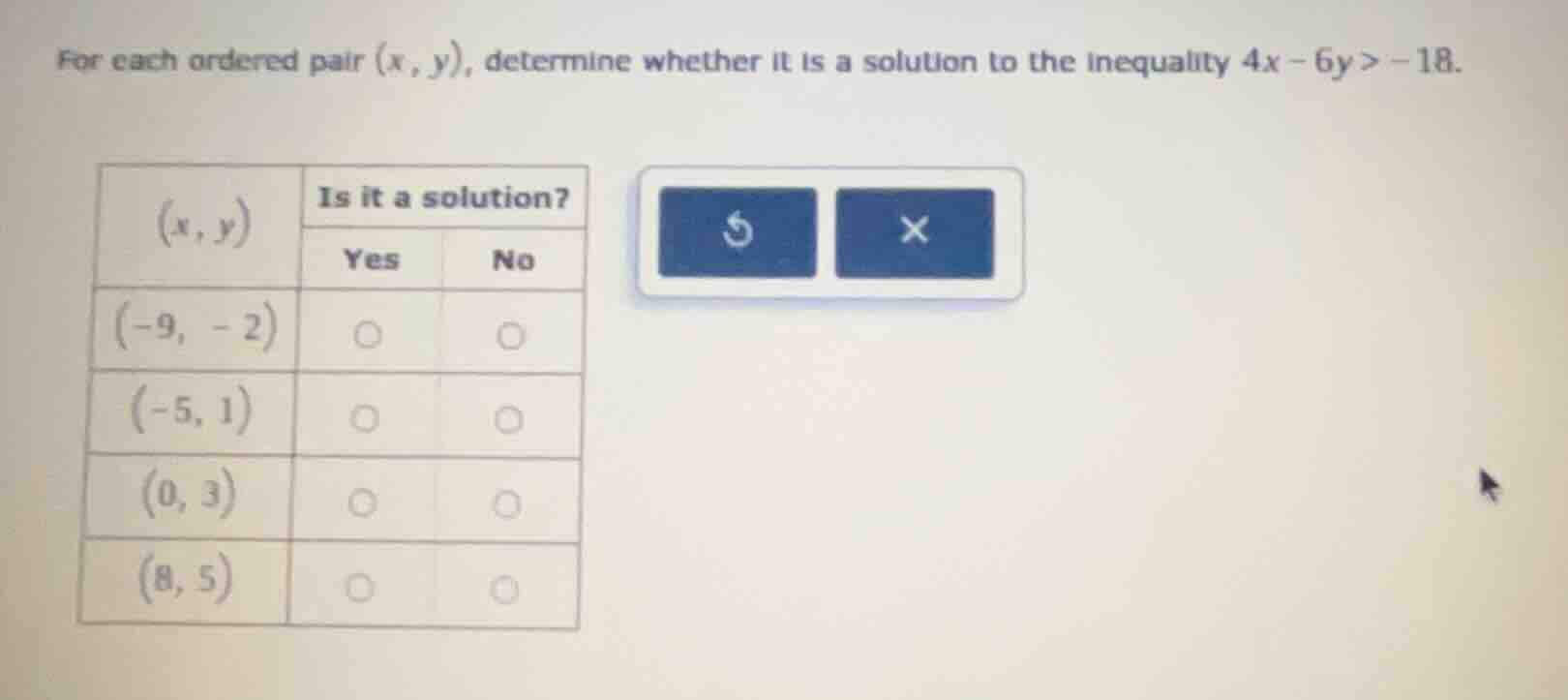 for each ordered pair $(x, y)$, determine whether it is a solution to t…