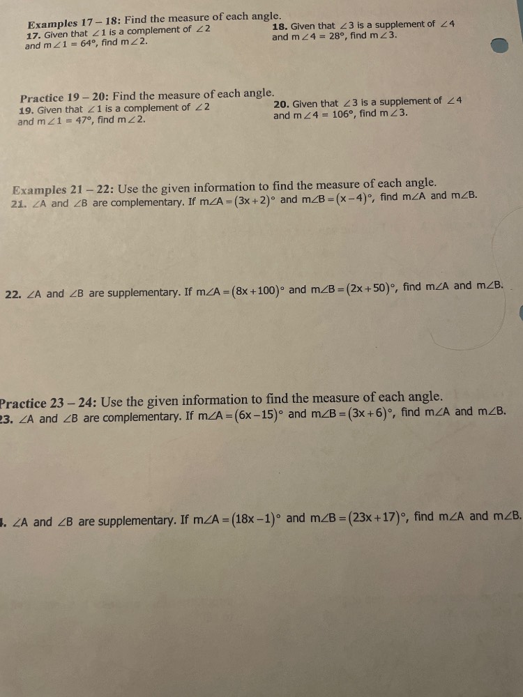 examples 17 - 18: find the measure of each angle. 17. given that ∠1 is …