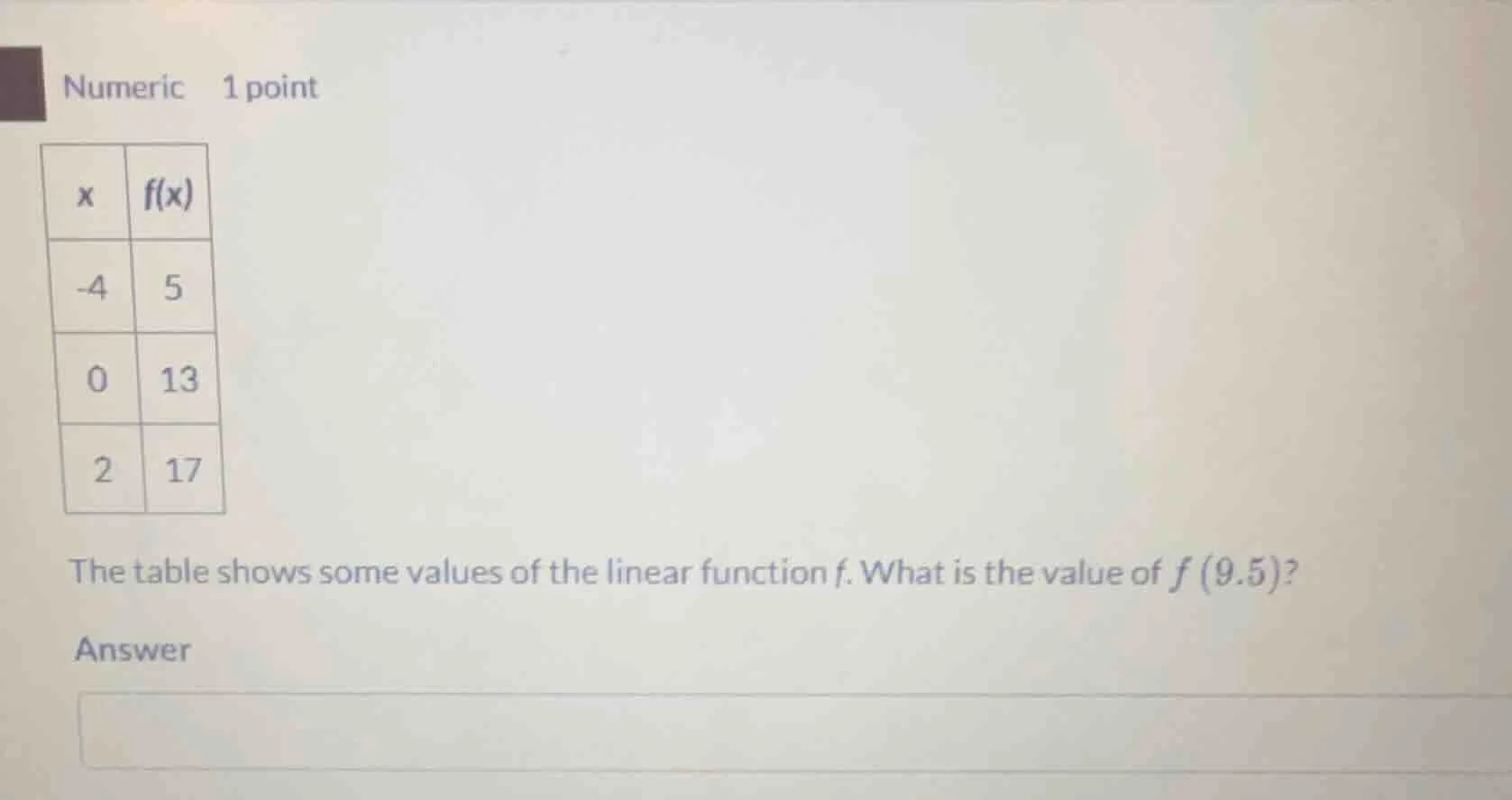 numeric 1 point x f(x) -4 5 0 13 2 17 the table shows some values of th…