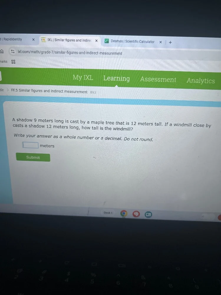 a shadow 9 meters long is cast by a maple tree that is 12 meters tall. …