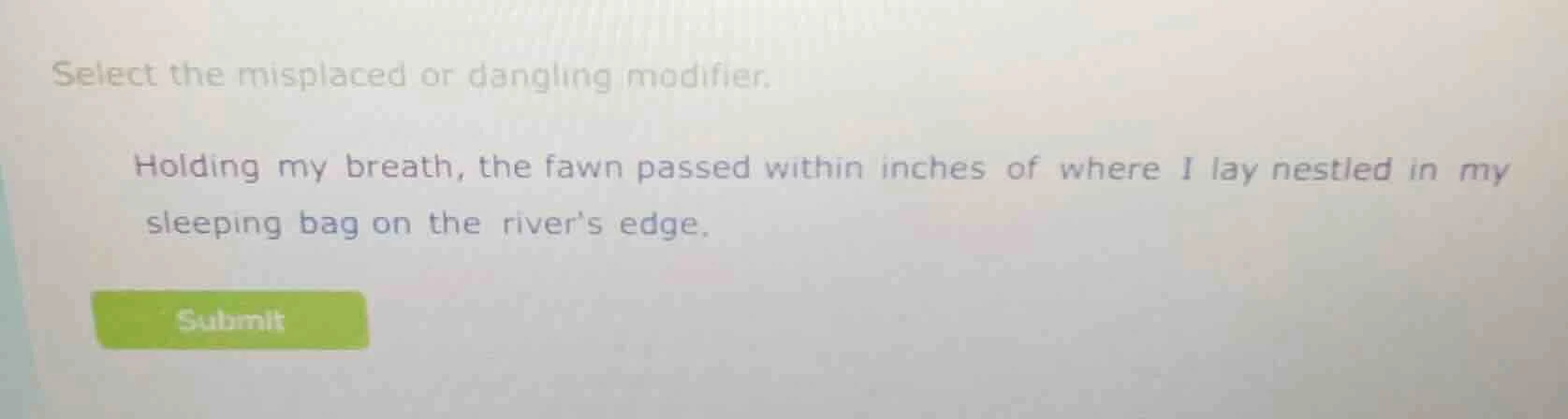 select the misplaced or dangling modifier. holding my breath, the fawn …