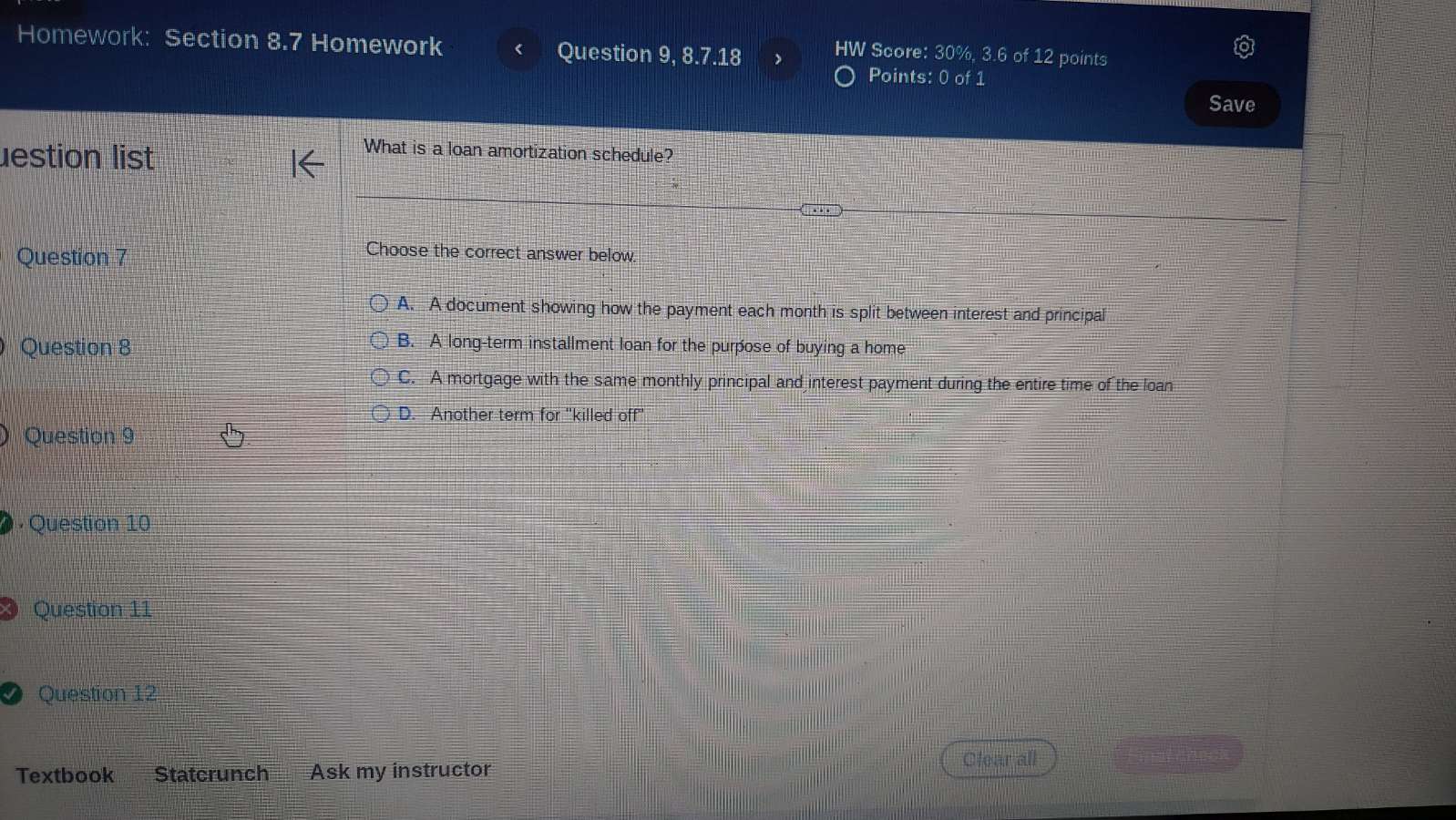 homework: section 8.7 homeworkquestion 9, 8.7.18hw score: 30%, 3.6 of 1…