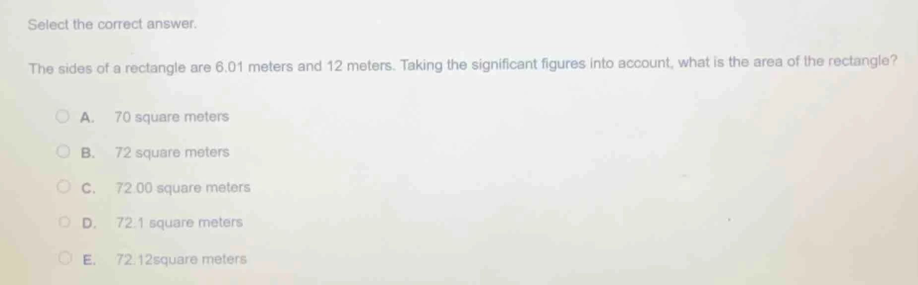 select the correct answer. the sides of a rectangle are 6.01 meters and…