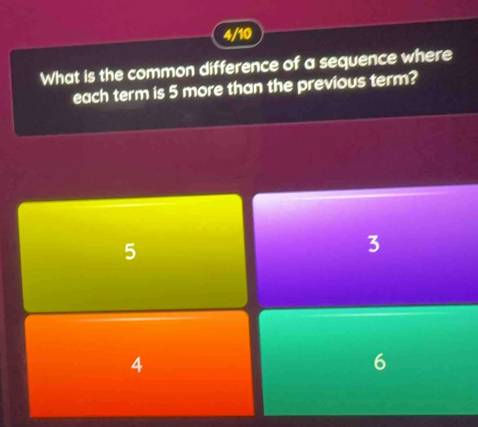 4/10 what is the common difference of a sequence where each term is 5 m…