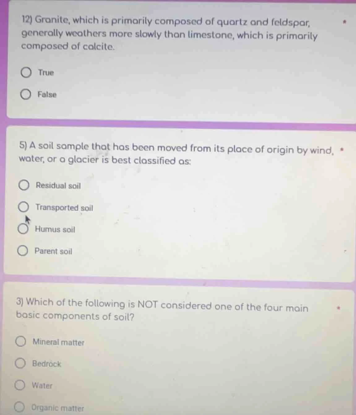 12) granite, which is primarily composed of quartz and feldspar, genera…