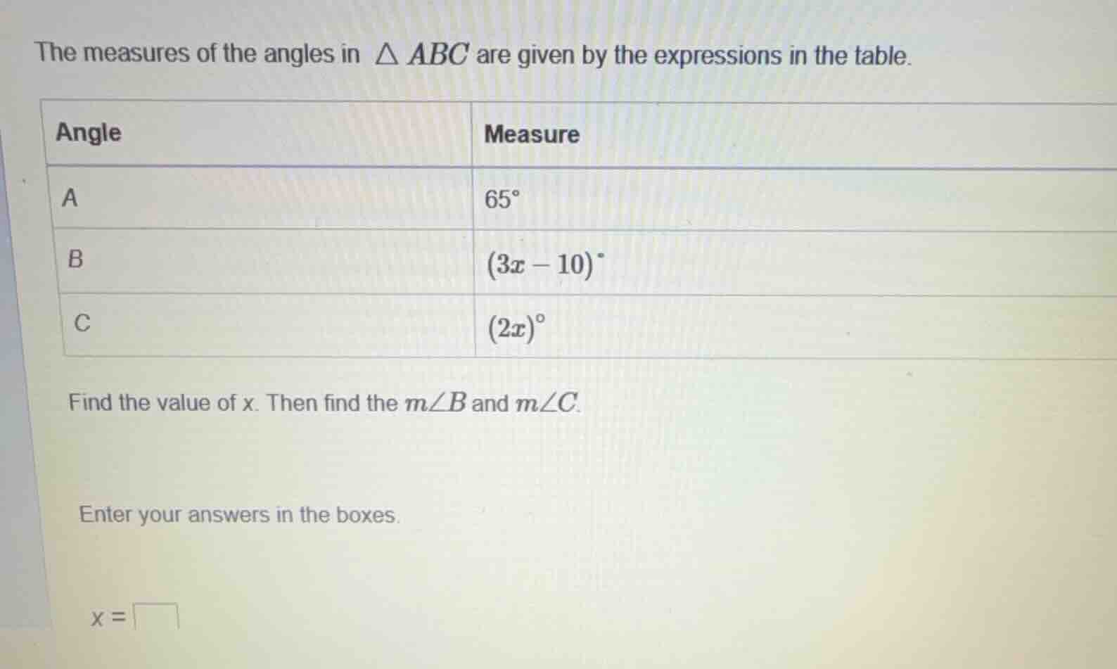 the measures of the angles in $\triangle abc$ are given by the expressi…