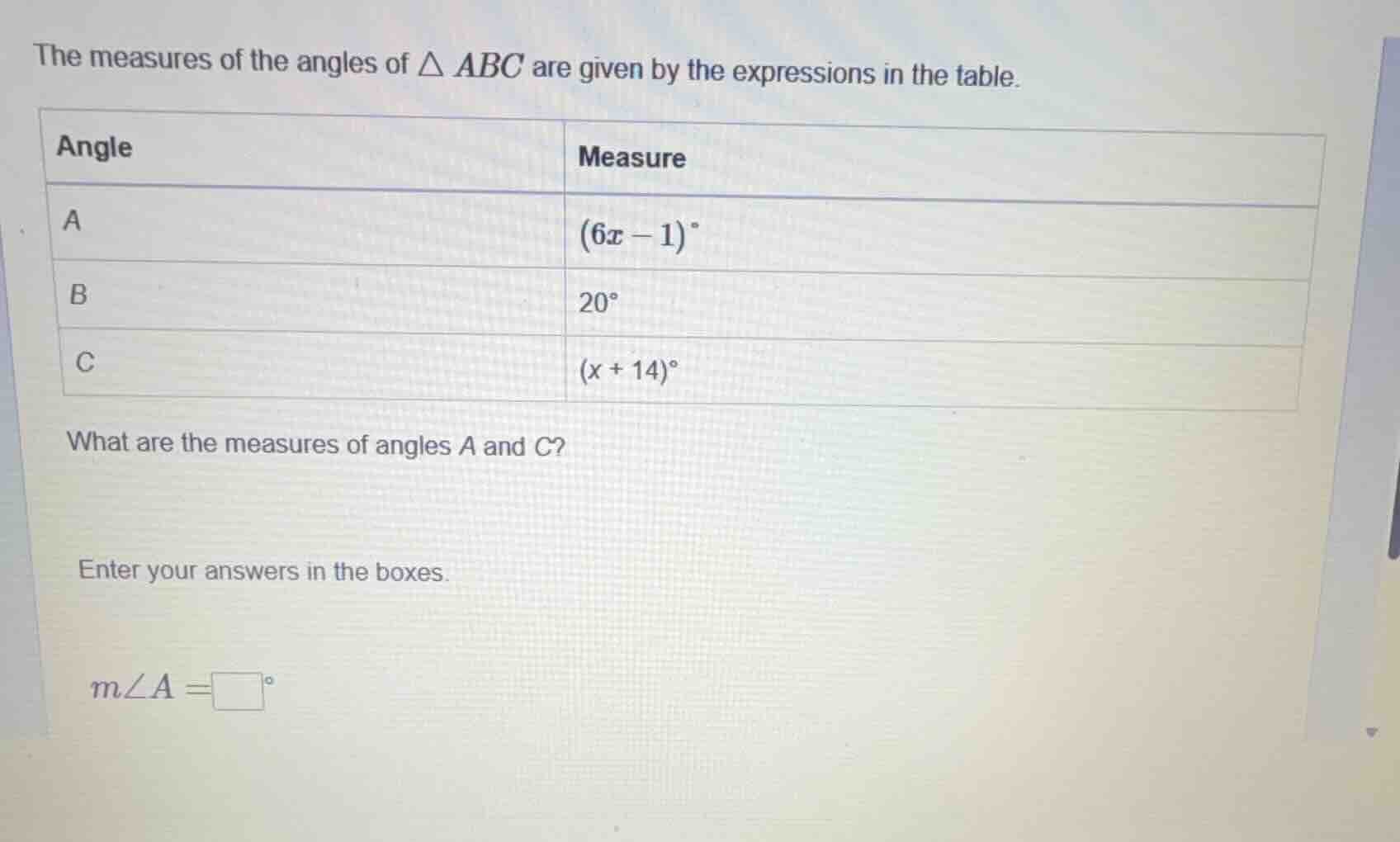 the measures of the angles of $\triangle abc$ are given by the expressi…