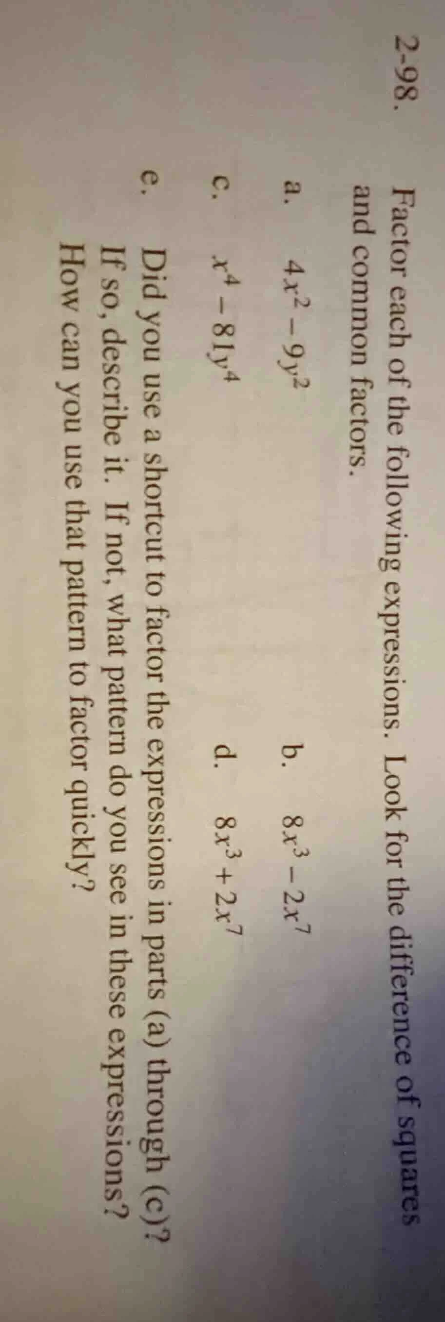 2-98. factor each of the following expressions. look for the difference…