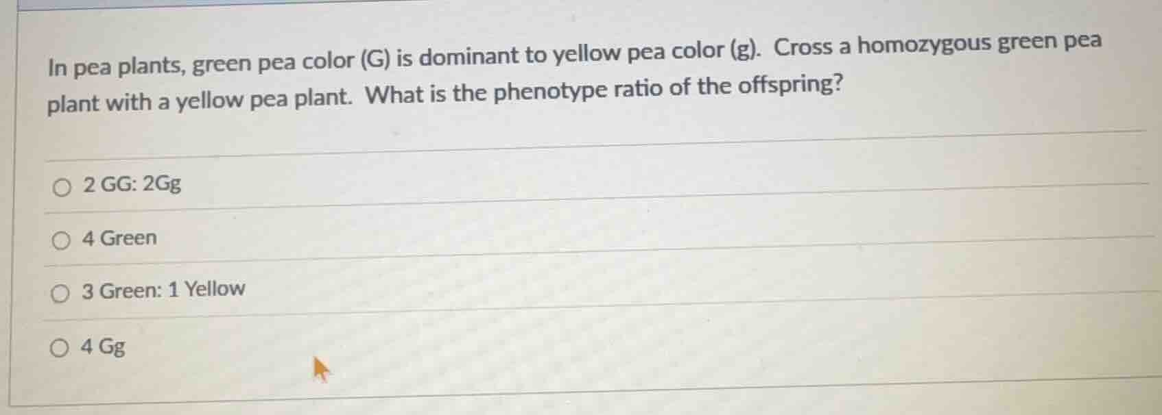 in pea plants, green pea color (g) is dominant to yellow pea color (g).…