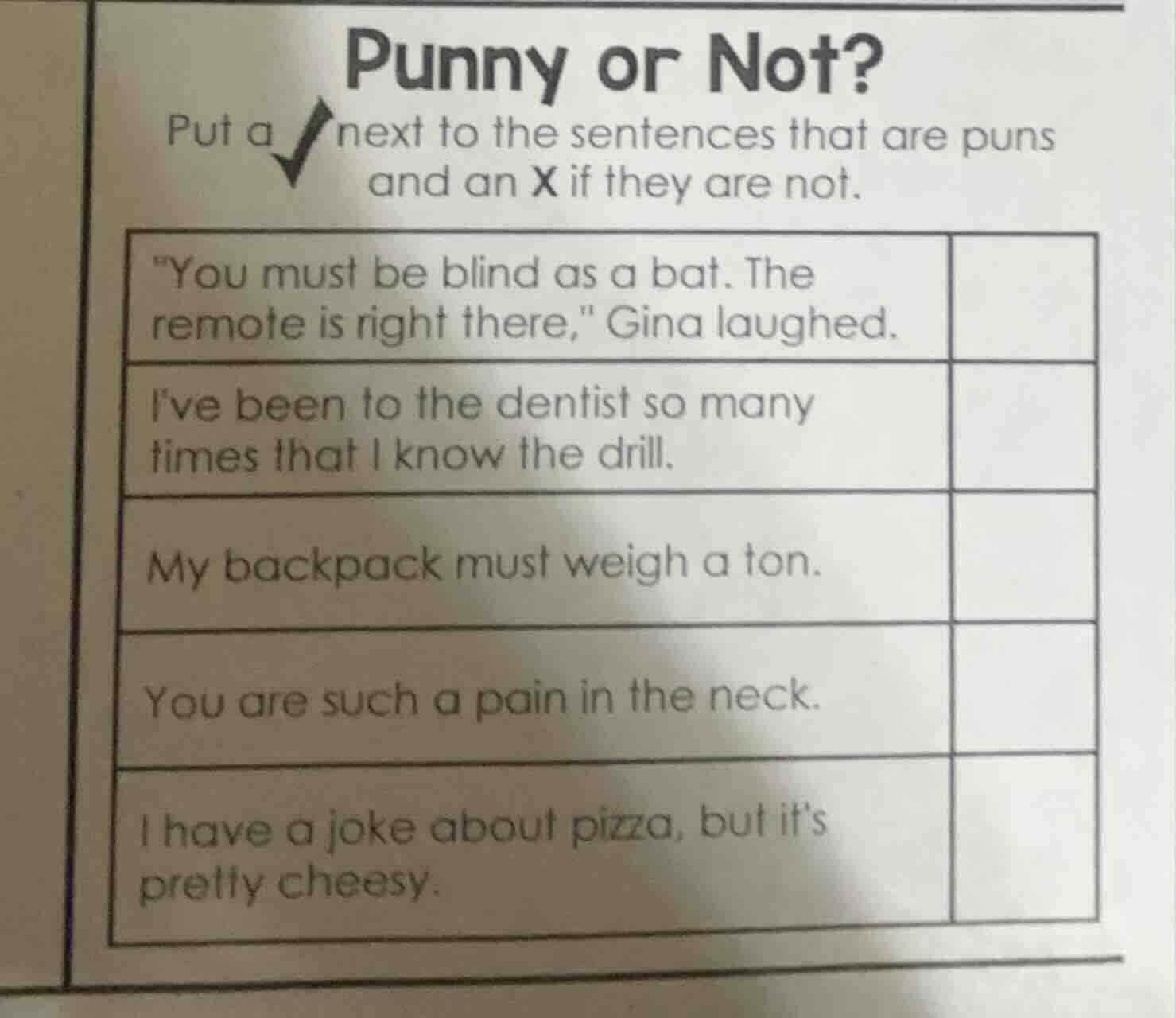 punny or not? put a ✓ next to the sentences that are puns and an x if t…