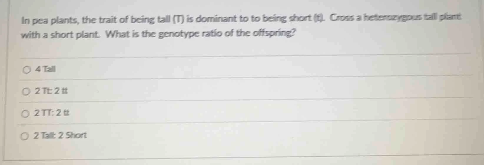 in pea plants, the trait of being tall (t) is dominant to being short (…