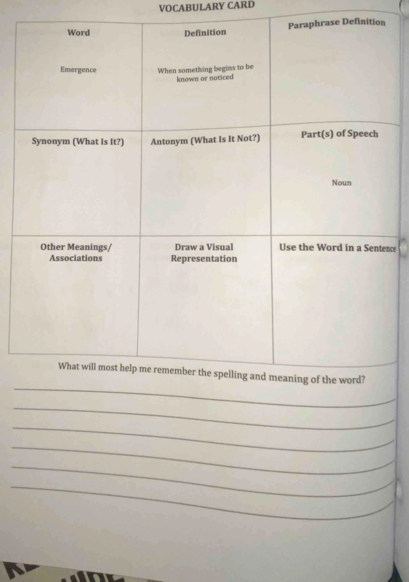 vocabulary card word: emergence definition: when something begins to be…