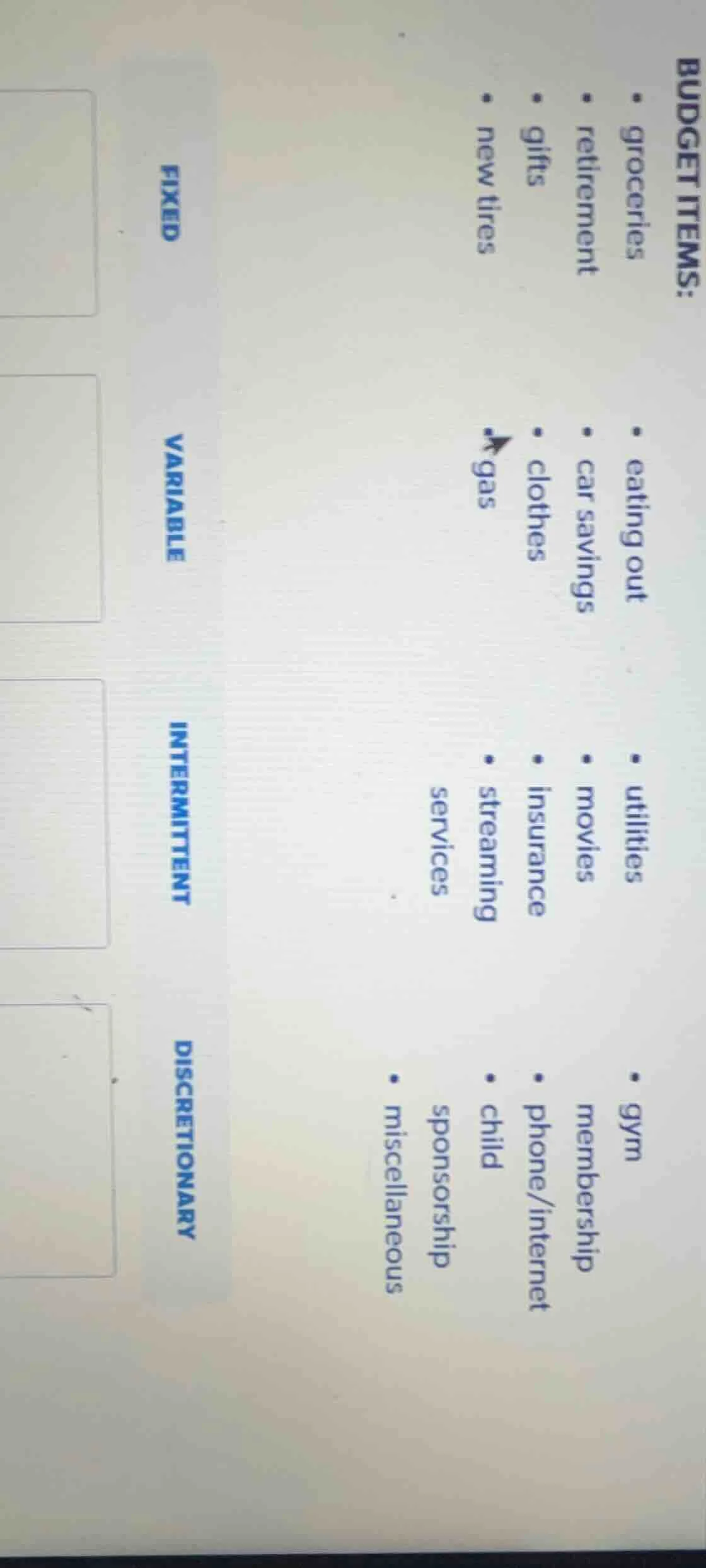 budget items:• groceries• retirement• gifts• new tires• eating out• car…