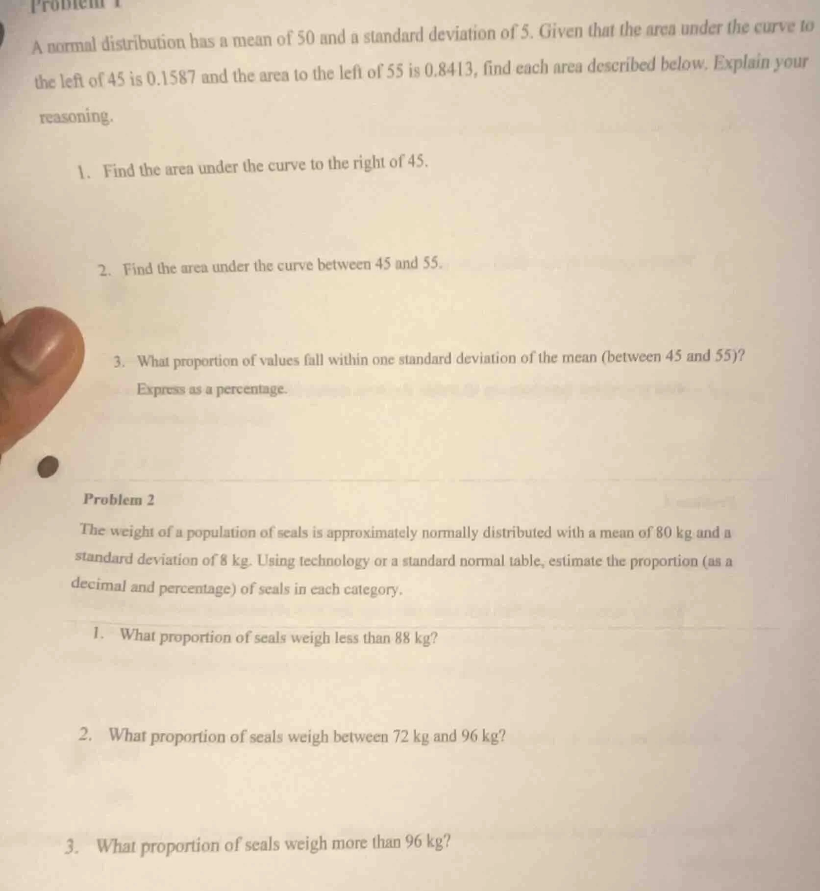 problem 1 a normal distribution has a mean of 50 and a standard deviati…