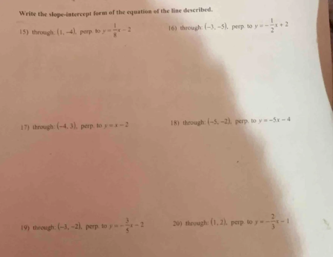 write the slope-intercept form of the equation of the line described. 1…