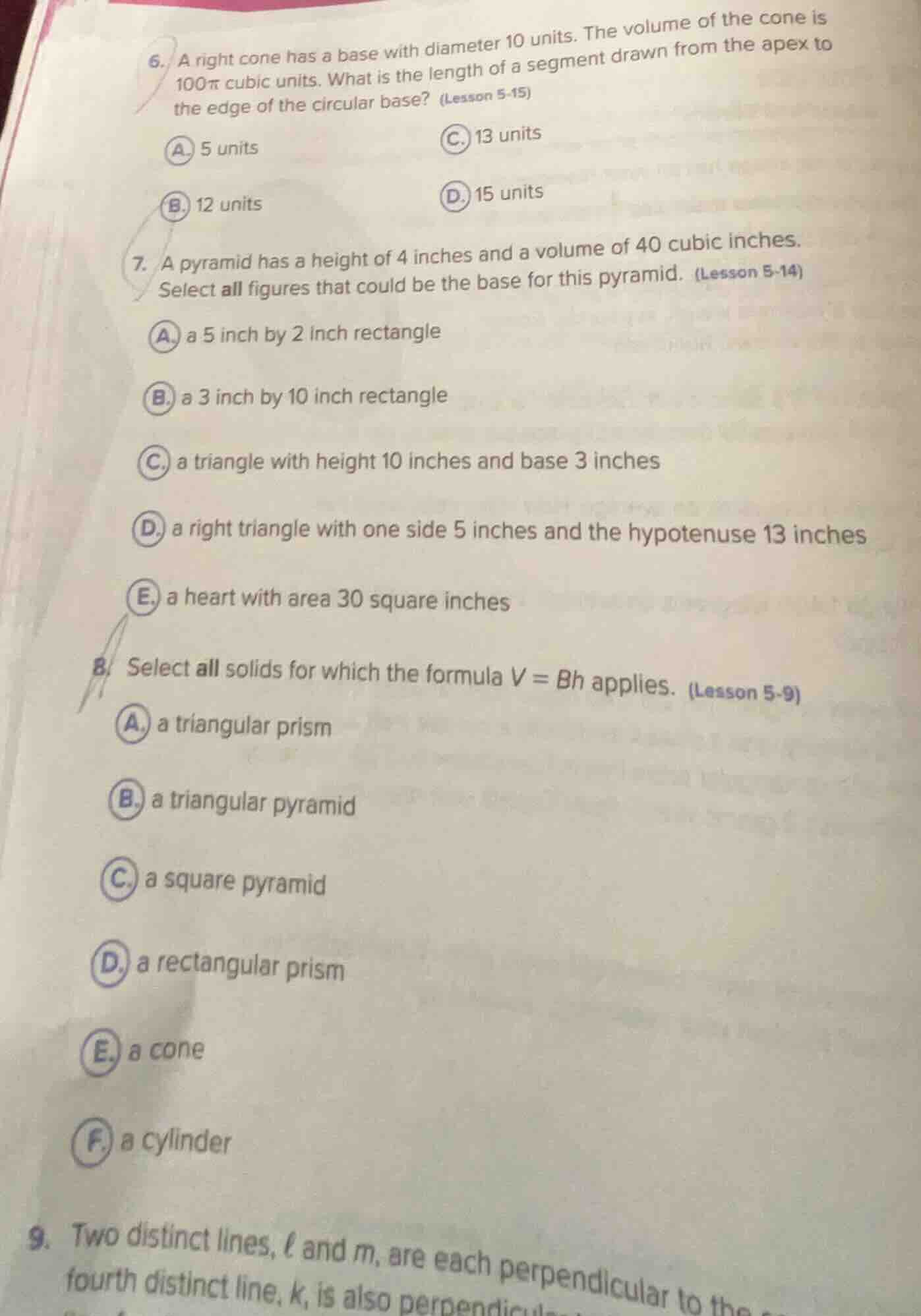 6. a right cone has a base with diameter 10 units. the volume of the co…