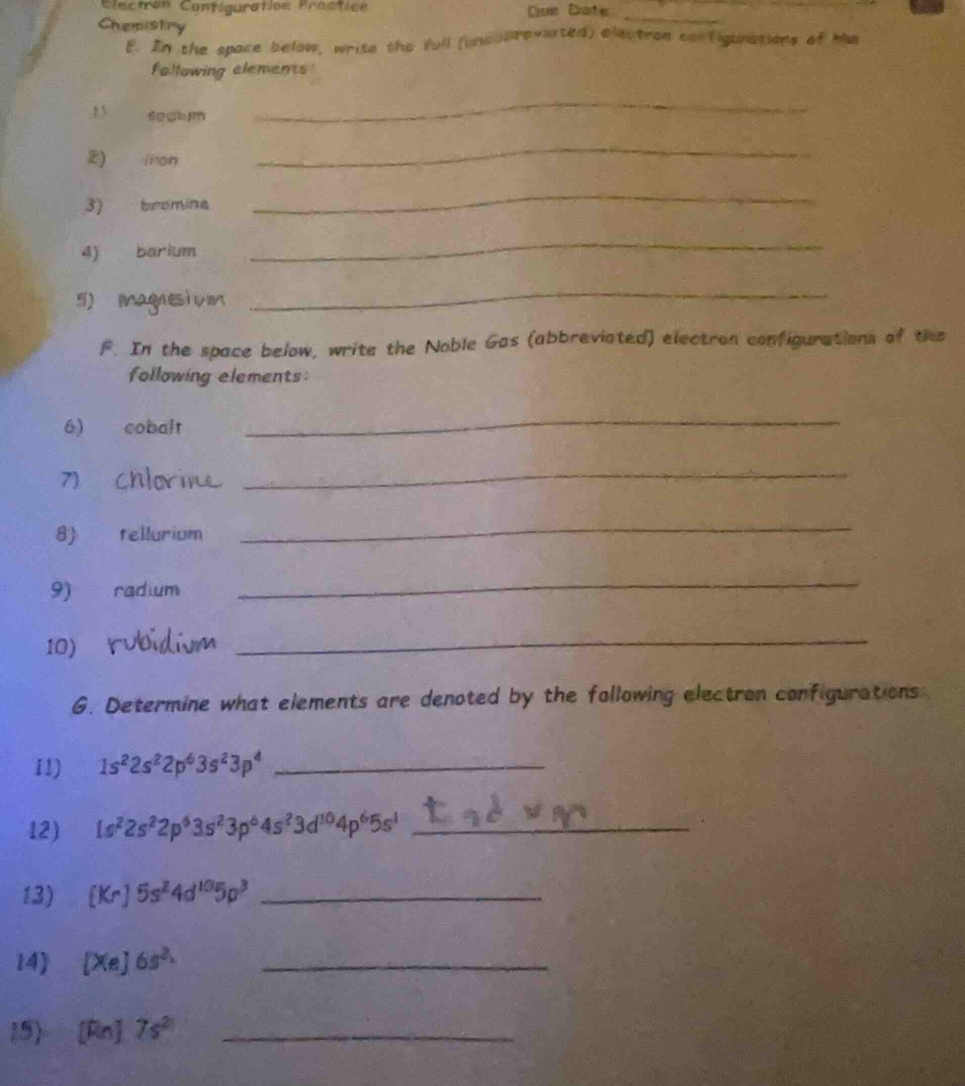 electron configuration practice due date: chemistry e. in the space bel…