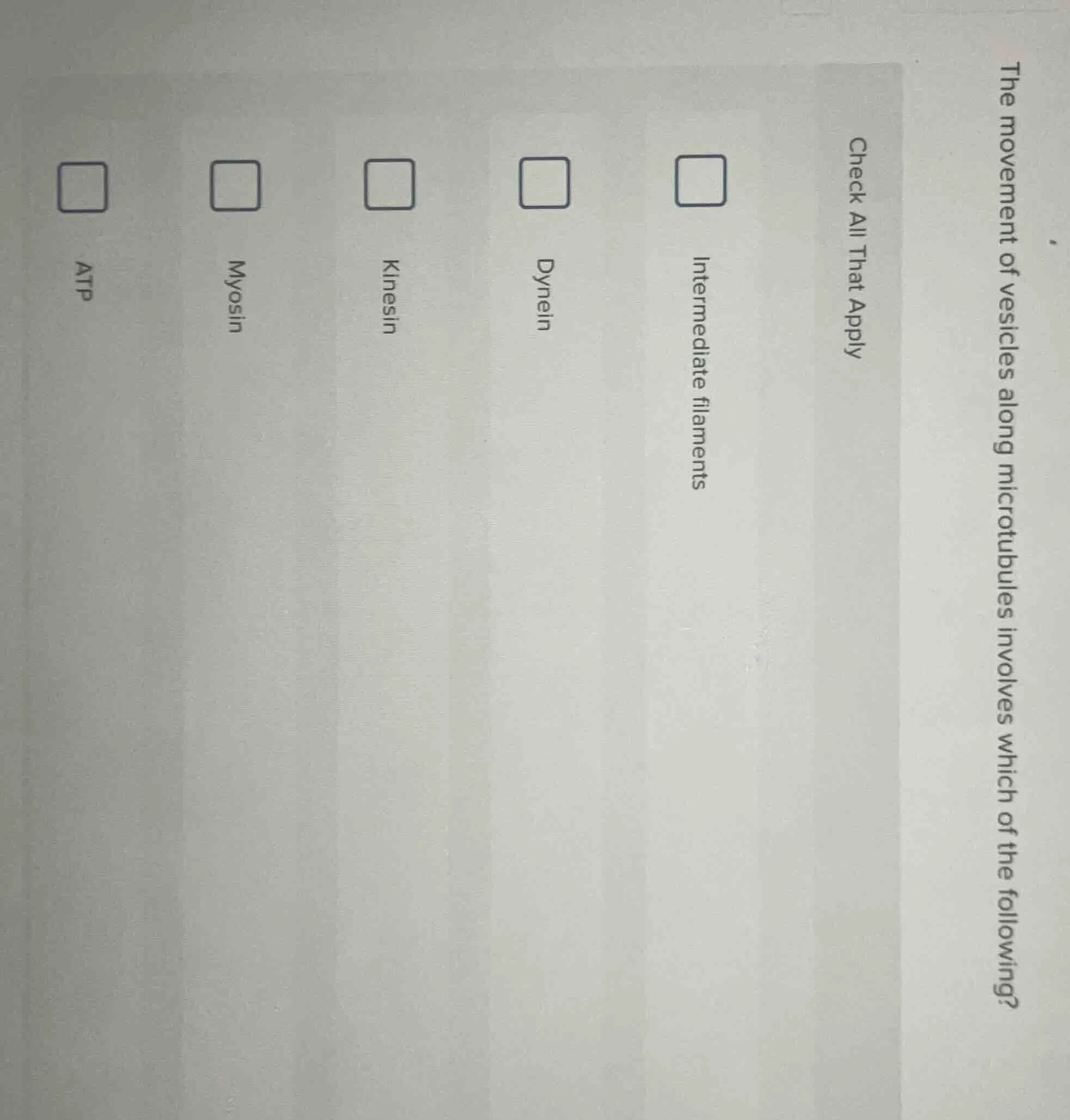 the movement of vesicles along microtubules involves which of the follo…